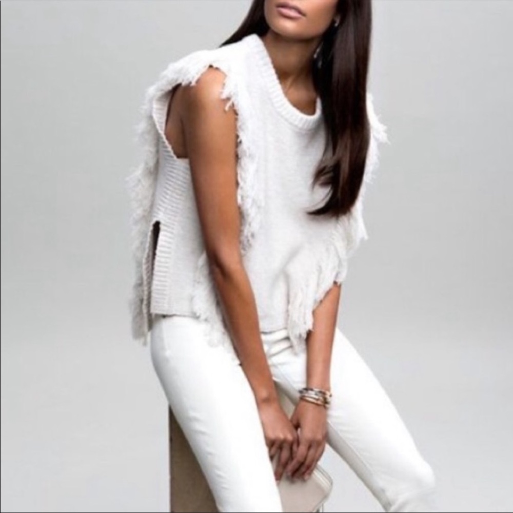 Intermix cashmere wool blend fringe side slit sweater vest